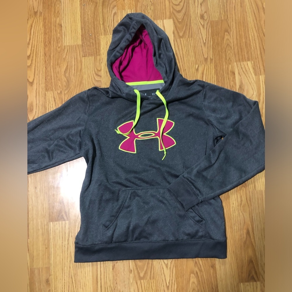 Under Armour Gray Hoodie with Pink Logo and Neon Yellow Accents